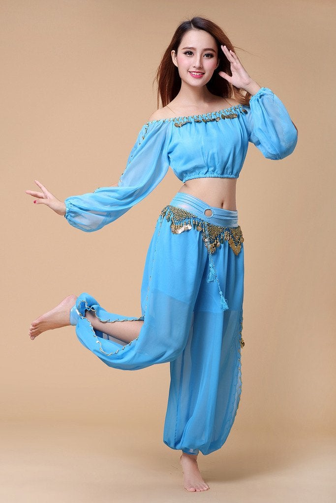 ZLTdream Belly Dance Chiffon Long Sleeves Top and Lantern Coins Pants Light Blue - Image 4